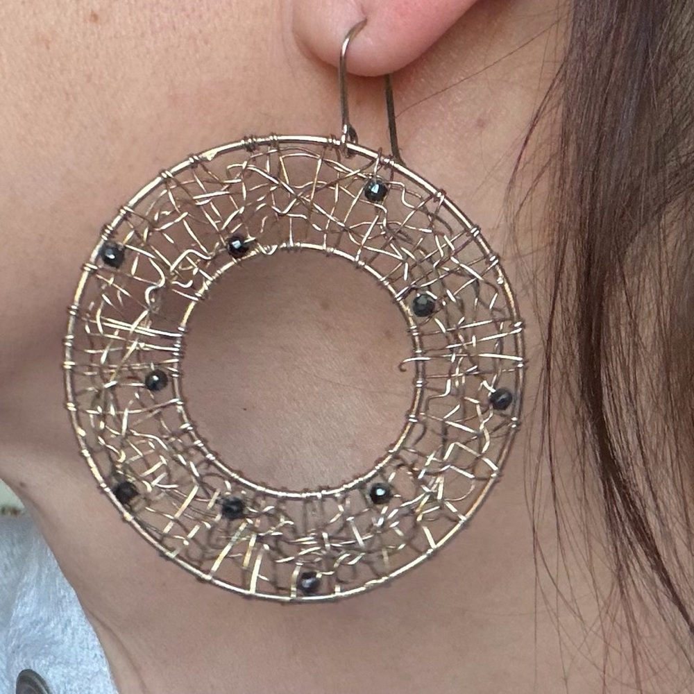 Melinda Maria Gold Mesh Hoops with Black Beads